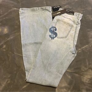 Fashion Nova Dare To Flare Dollar Sign Jeans - Medium Blue Wash